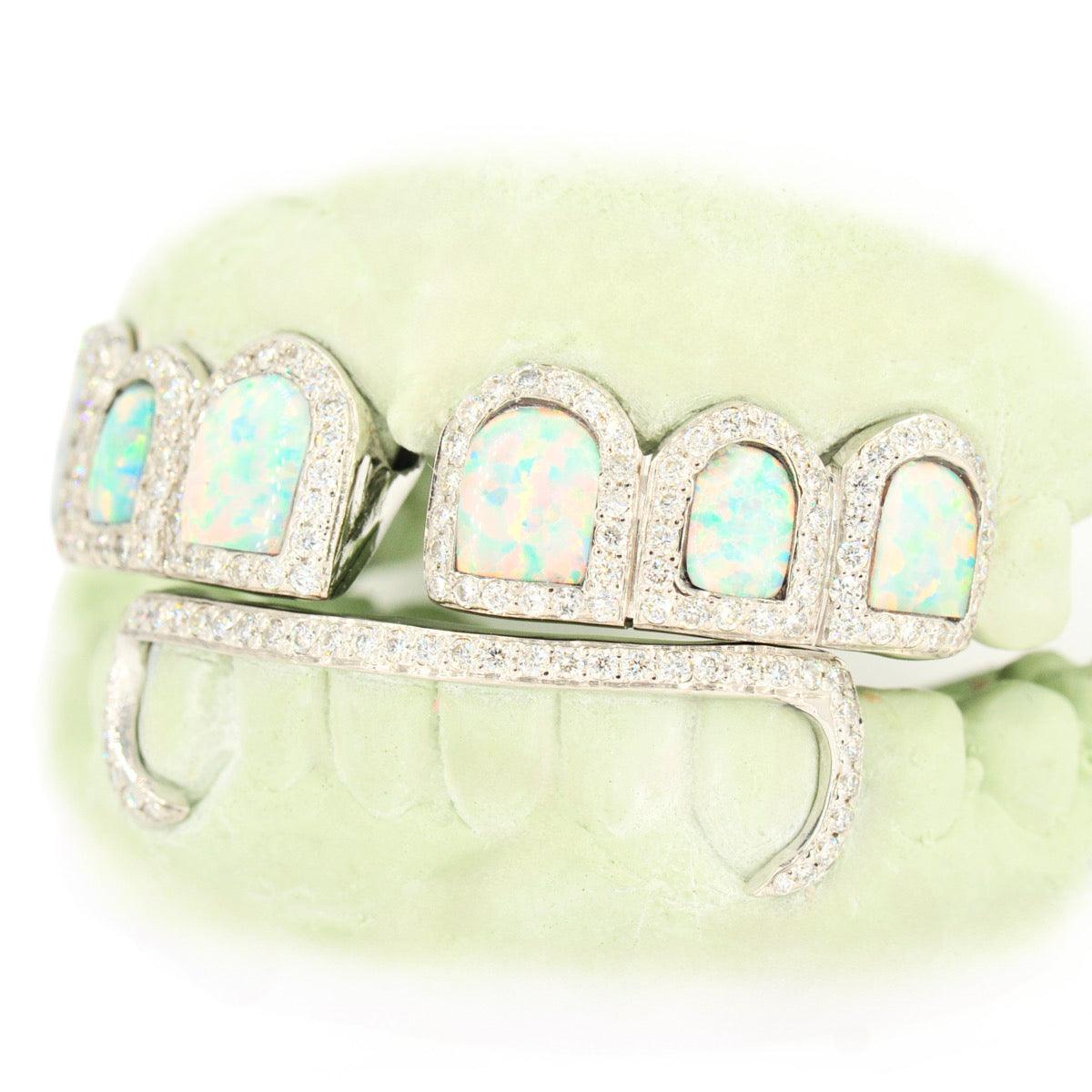 6 Top and 6 Bottom Opal & Diamond Prong Setting with Extended Diamond Bar Grillz - Johnny Dang & Co