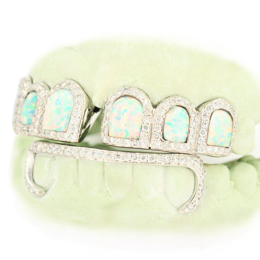 6 Top and 6 Bottom Opal & Diamond Prong Setting with Extended Diamond Bar Grillz